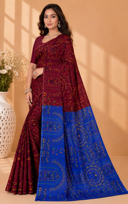 Boutique Special Dual Tone Bandhani Print Saree In Maroon And Blue