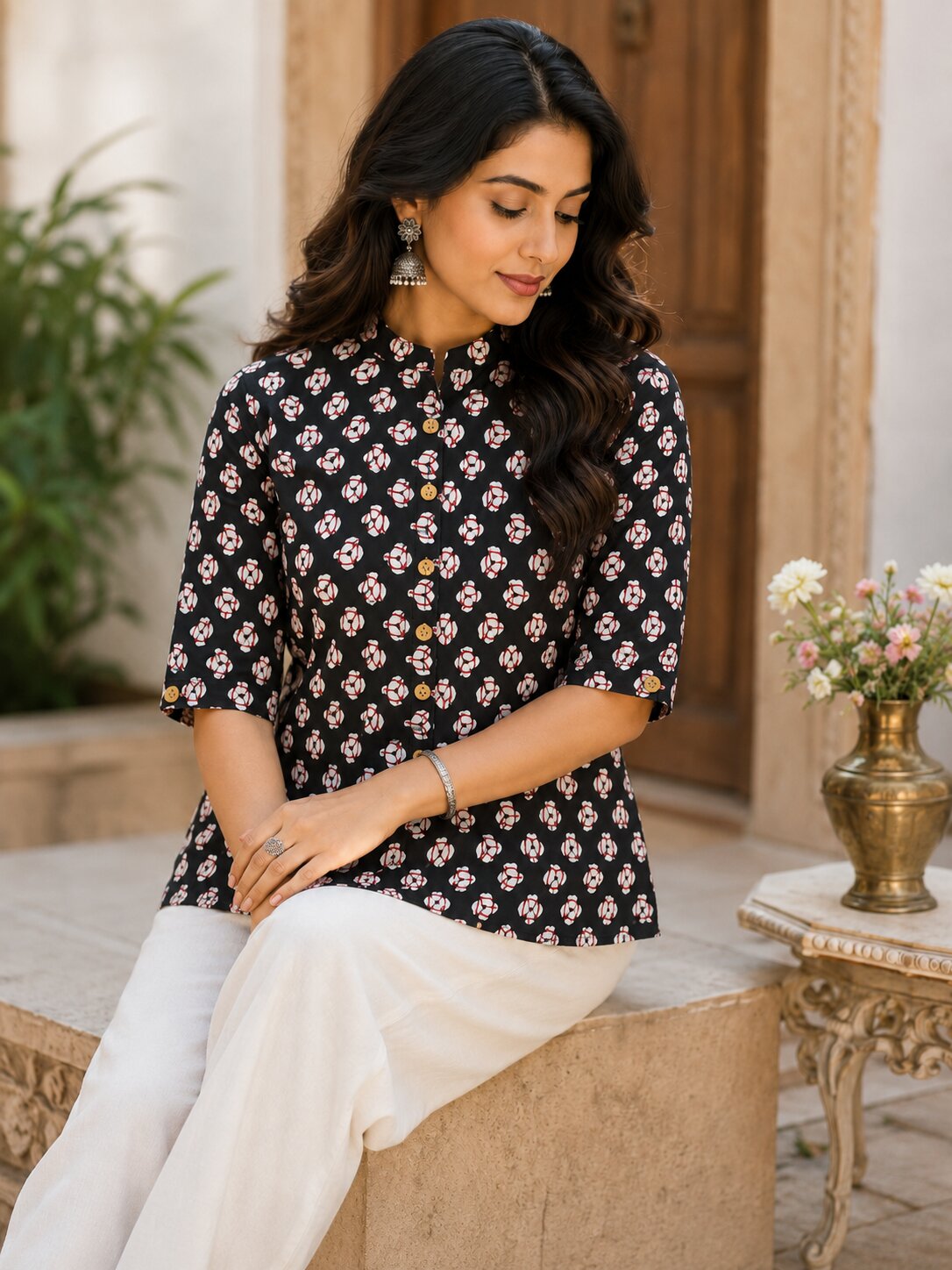 Minu Fashions Ayesha Ajrakh Floral Print Pure Cotton Straight Tunic Short Top for Women