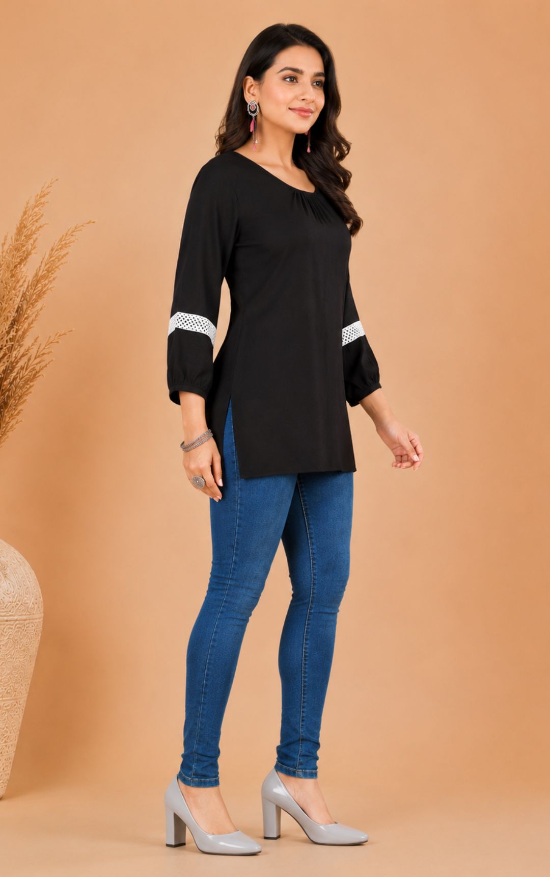 Women's Solid Black Crepe Straight Kurti with Lace-Detailed 3/4 Sleeves