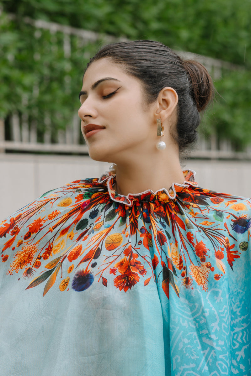 Rashmika Ready To Wear Pure Cotton Digital Printed Kaftan Saree Blue