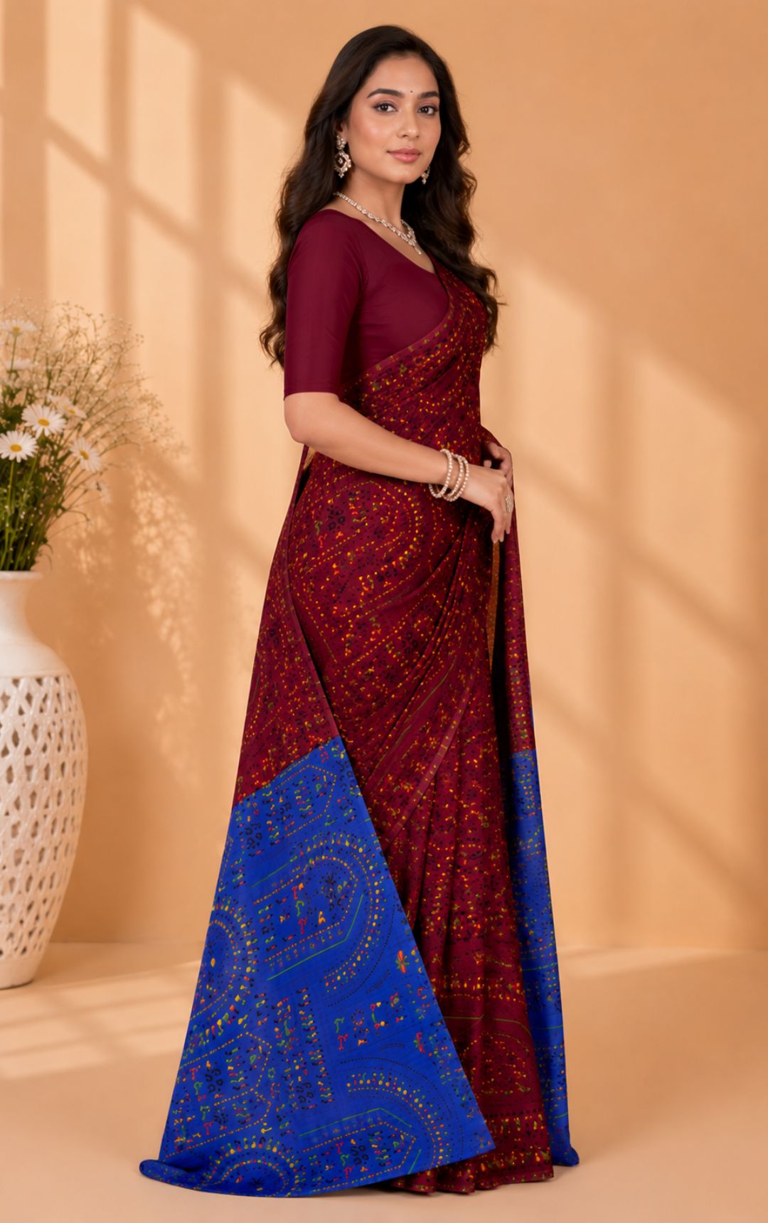 Boutique Special Dual Tone Bandhani Print Saree In Maroon And Blue