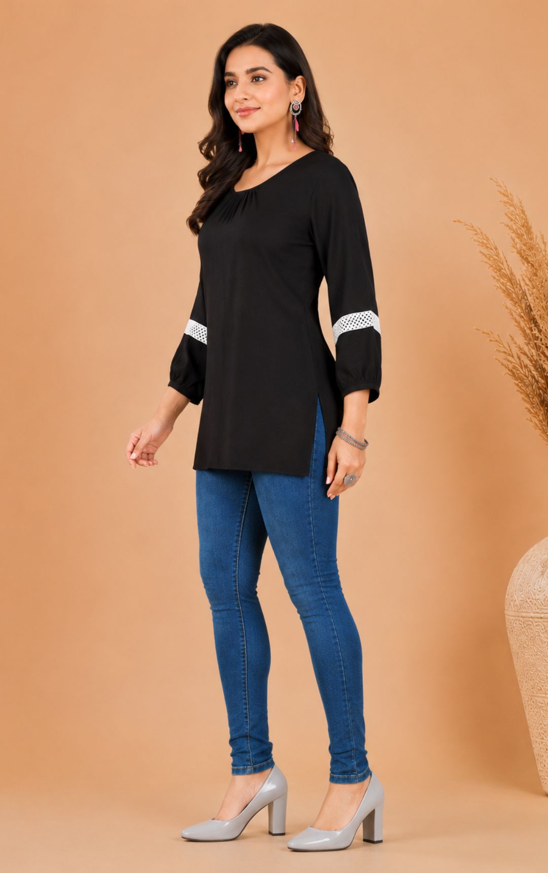 Women's Solid Black Crepe Straight Kurti with Lace-Detailed 3/4 Sleeves