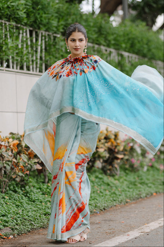 Rashmika Ready To Wear Pure Cotton Digital Printed Kaftan Saree Blue