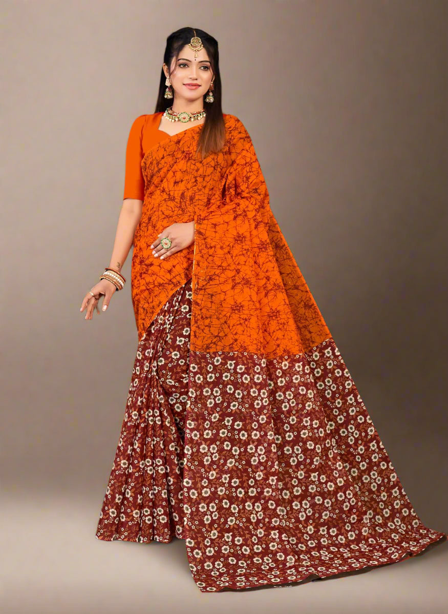 Kolkata Bridge 3 Cotton Printed Saree Mustard & Maroon