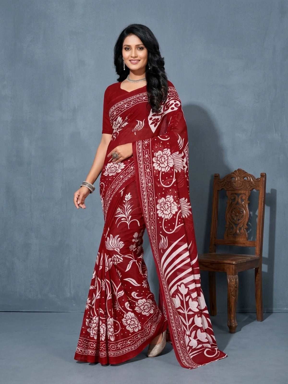 Minu fashions Printed Daily Wear Pure Cotton Saree (Red)