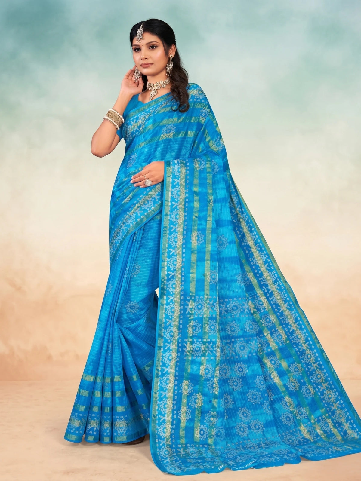 Minu fashions Printed Daily Wear Pure Cotton Saree (Blue)