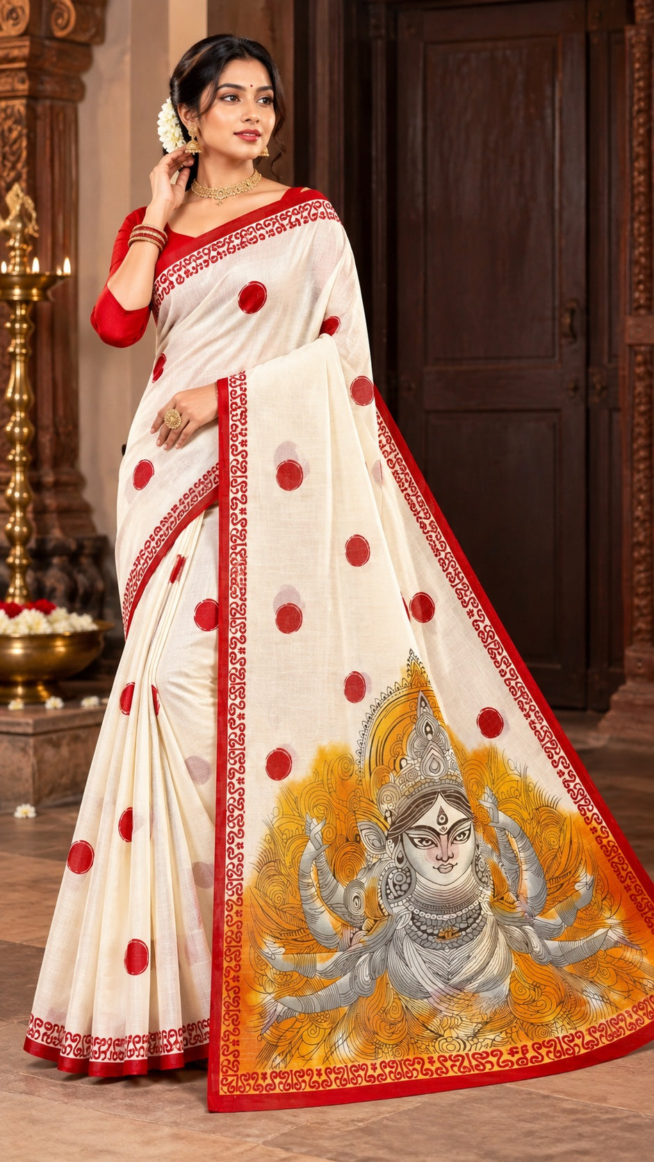 Minu | Women Red & White Durga Puja Special Folk Art Printed Saree