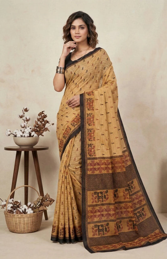 Minu fashions Printed Daily Wear Pure Cotton Saree (Beige)