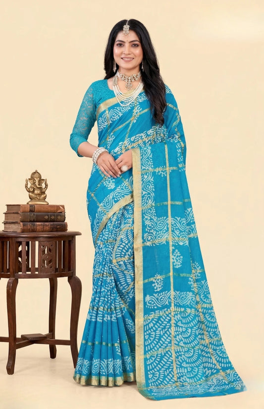 Minu fashions Printed Daily Wear Pure Cotton Saree (Blue)