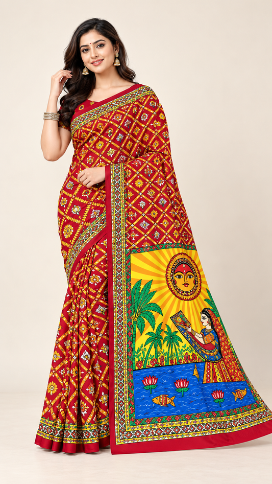 Minu | Women Maroon Printed Saree with Chhath Puja Folk Art Pallu