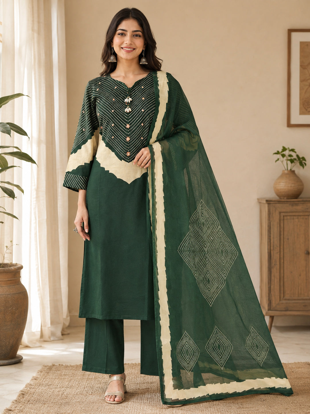 Himanshi Women Green Pure Cotton Straight Kurta Set with Palazzo & Dupatta | Ank