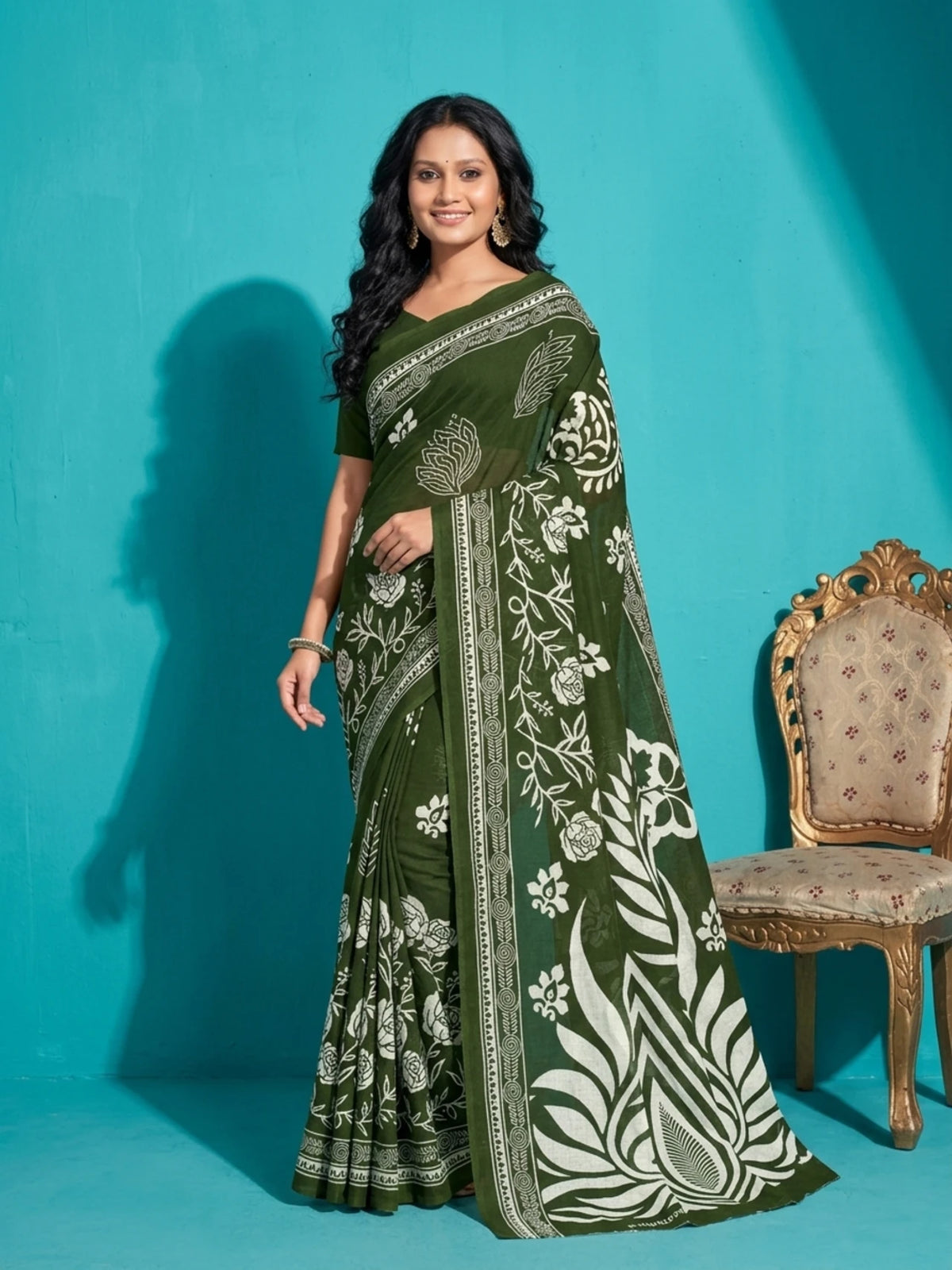 Minu fashions Printed Daily Wear Pure Cotton Saree (Green)