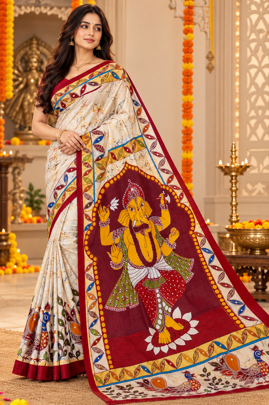 Minu | Puja Special Multicolor Printed Saree with Lord Ganesha Pallu & Peacock Motifs