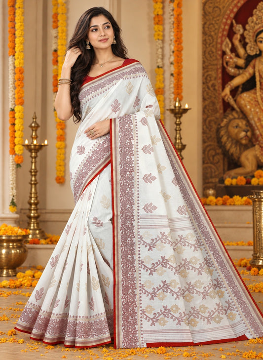 Red & White Floral Bengali Saree for Durga Puja | Traditional Festive Saree with Elegant Motifs