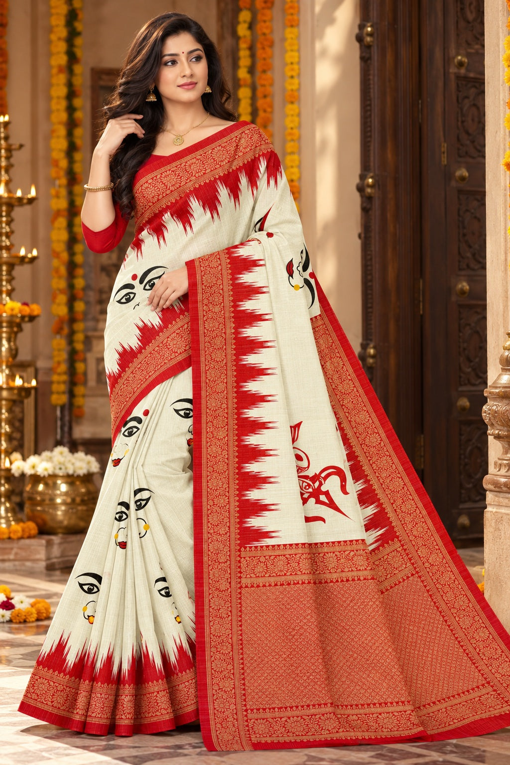 Minu | Women Durga Puja Special Multicolor Malai Cotton Folk Art Printed Saree