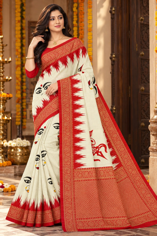 Minu | Women Durga Puja Special Multicolor Malai Cotton Folk Art Printed Saree