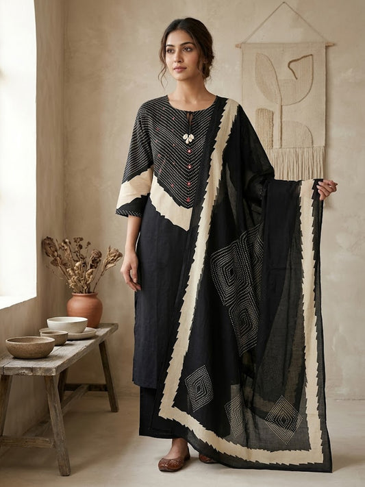 Himanshi Women Black Pure Cotton Straight Kurta Set with Palazzo & Dupatta | Ank