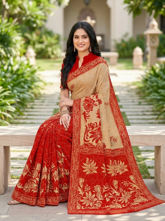 Minu fashions Printed Daily Wear Pure Cotton Saree (Red)