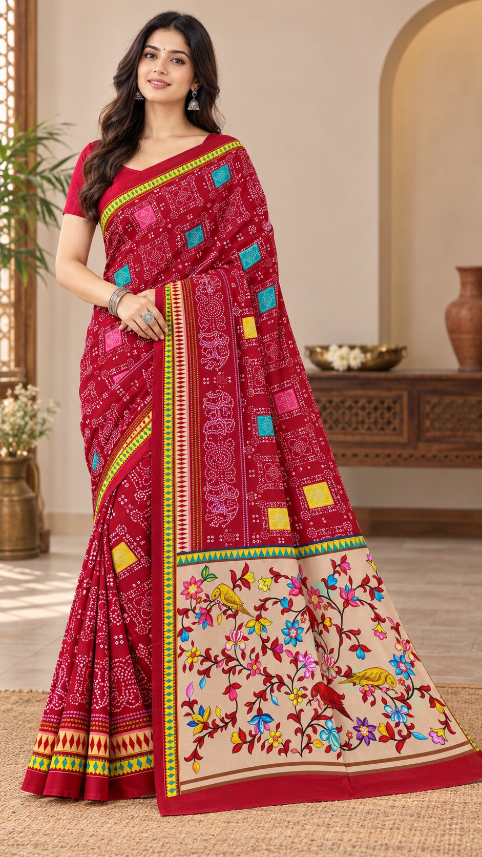 Minu | Women’s Multicolour Malai Cotton Folk-Art Madhubani Printed Saree with Contrast Border