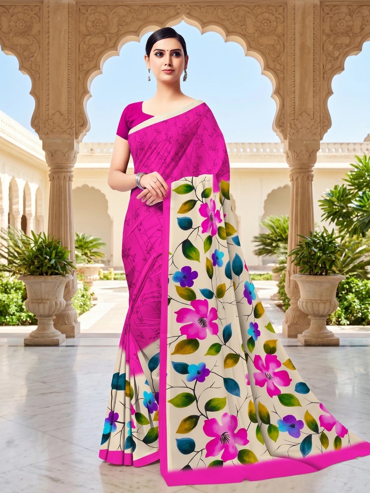 Minu fashions Printed Daily Wear Pure Cotton Saree (Pink)