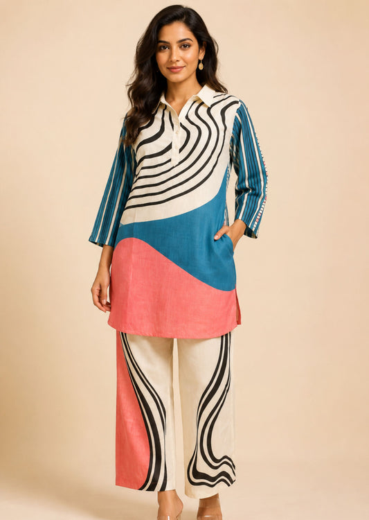 Juni White Abstract Printed Co-Ord Set