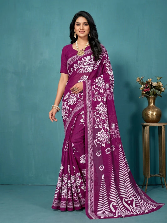 Minu fashions Floral Print Daily Wear Pure Cotton Saree (Purple)