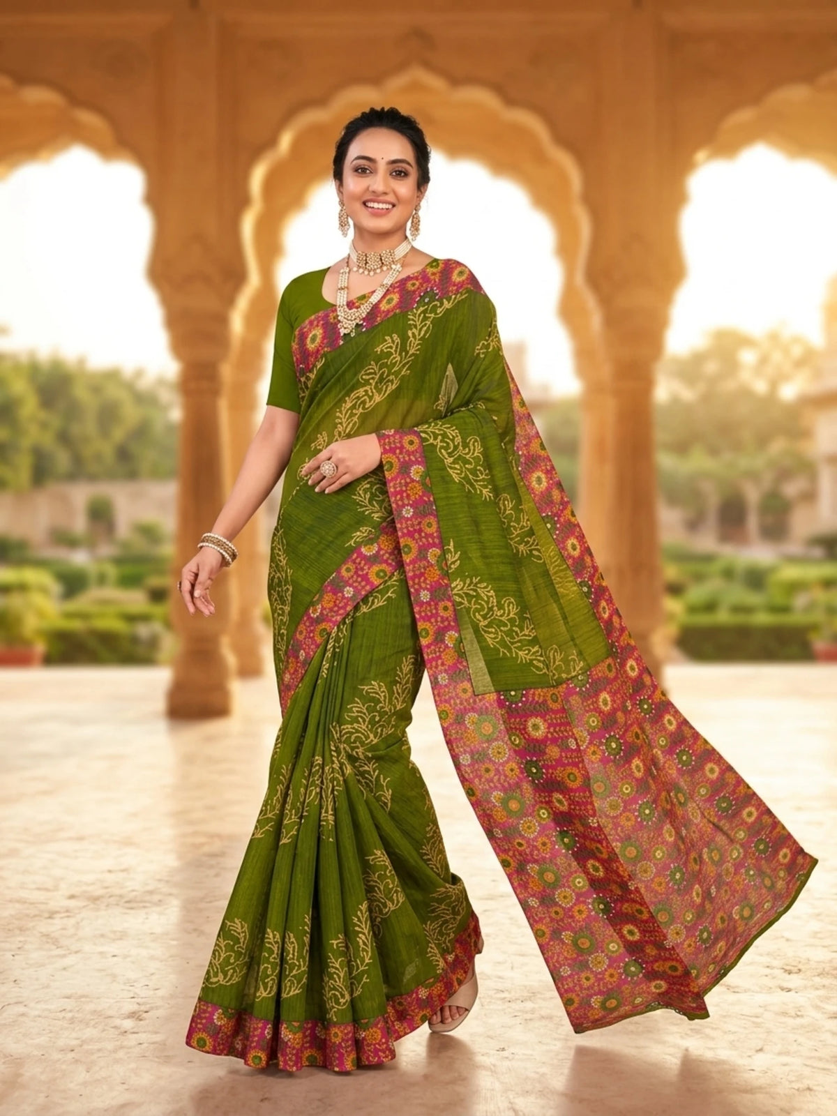 Minu fashions Printed Daily Wear Cotton Blend Saree (Green)