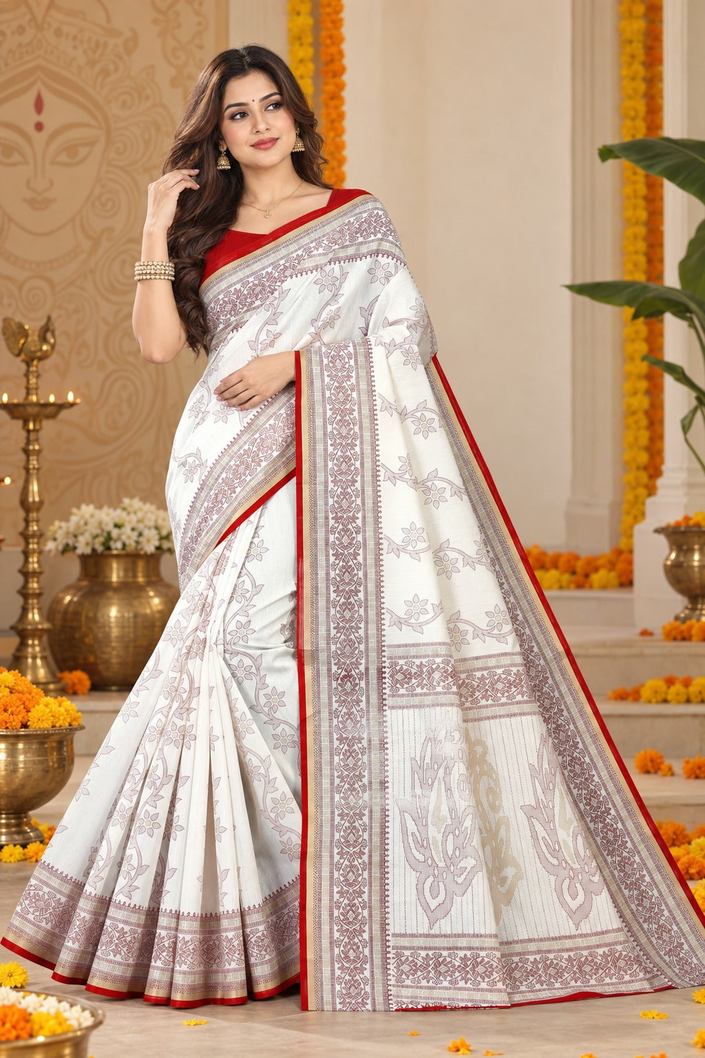 White & Red Bengali Saree for Durga Puja | Traditional Ethnic Motif Saree with Red Border