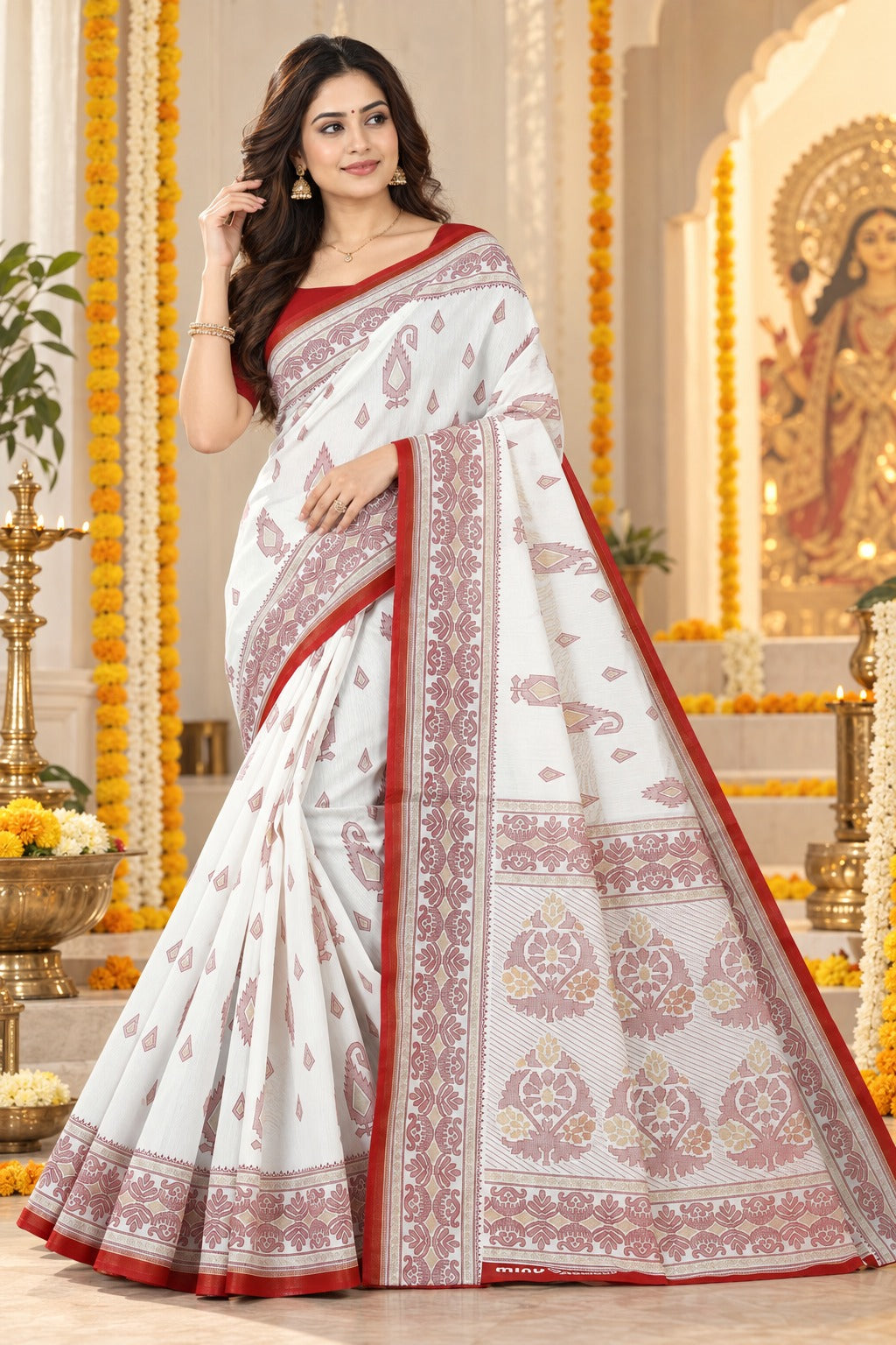 White & Red Traditional Bengali Saree for Durga Puja | Elegant Printed Motif Festive Saree