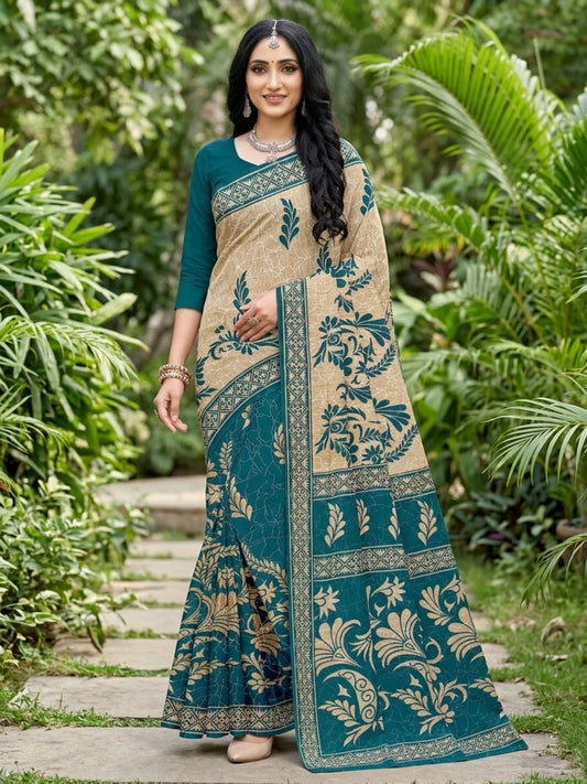 Minu fashions Printed Daily Wear Pure Cotton Saree (Dark Blue)