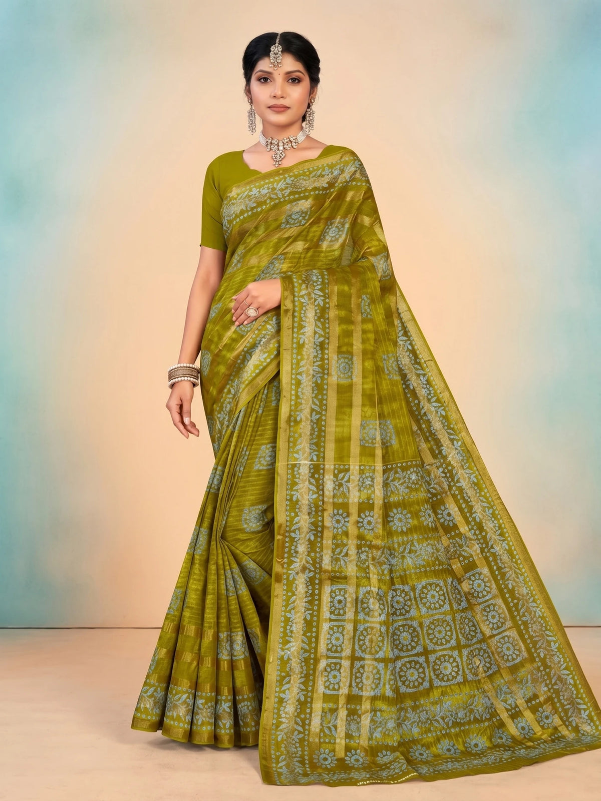 Minu fashions Printed Daily Wear Pure Cotton Saree ( Forest Green )