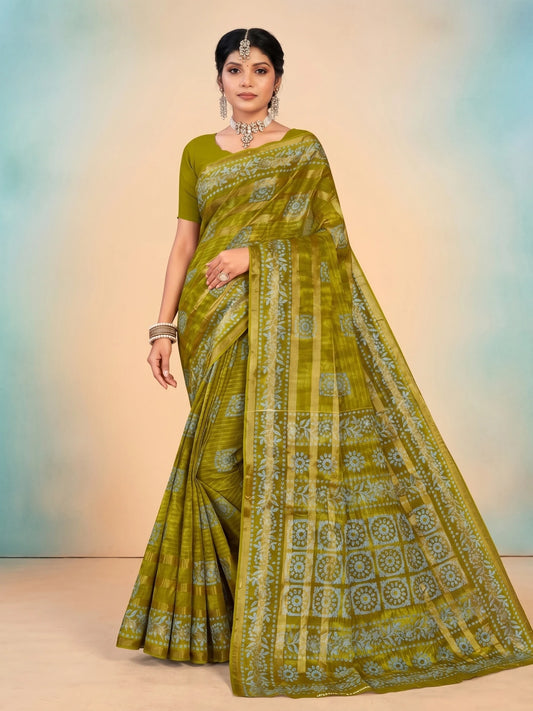Minu fashions Printed Daily Wear Pure Cotton Saree ( Forest Green )