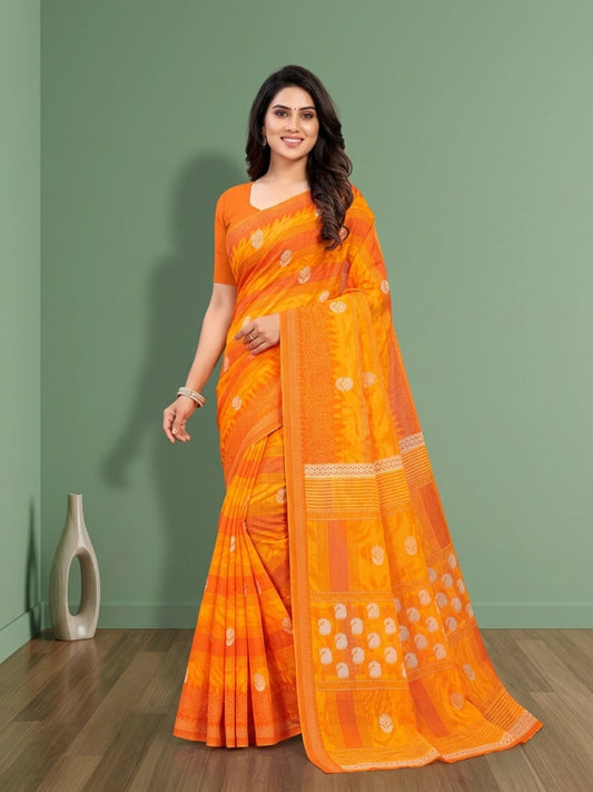 Minu fashions Floral Print Daily Wear Pure Cotton Saree (Yellow)