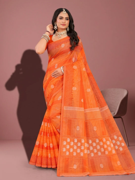 Minu fashions Printed Daily Wear Pure Cotton Saree (Orange)