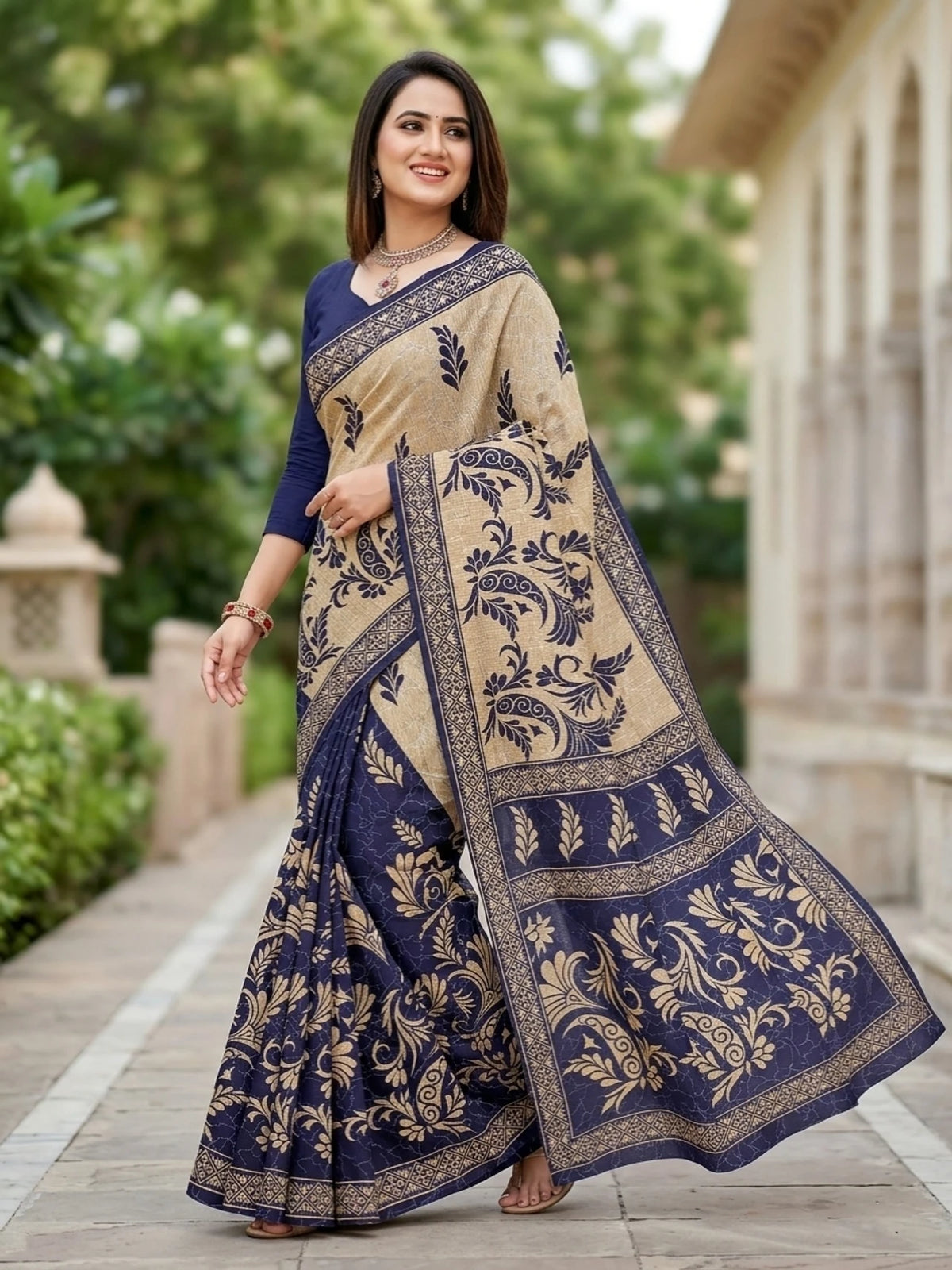 Minu fashions Printed Daily Wear Pure Cotton Saree (Blue)