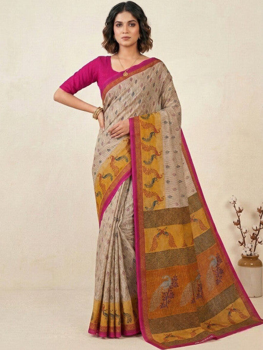 Minu fashions Printed Daily Wear Pure Cotton Saree (Cream)