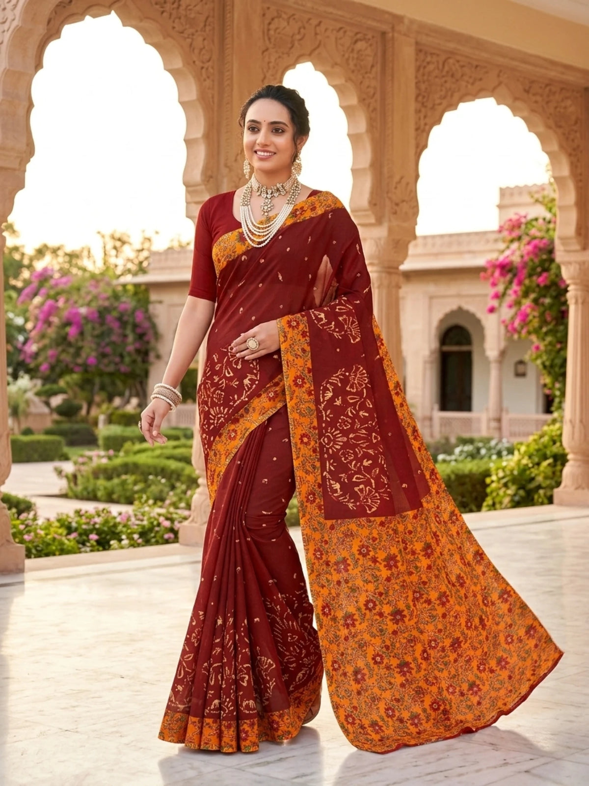 Minu fashions Printed Daily Wear Cotton Blend Saree (Maroon)