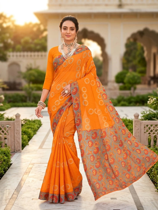 Minu fashions Printed Daily Wear Cotton Blend Saree (Orenge)