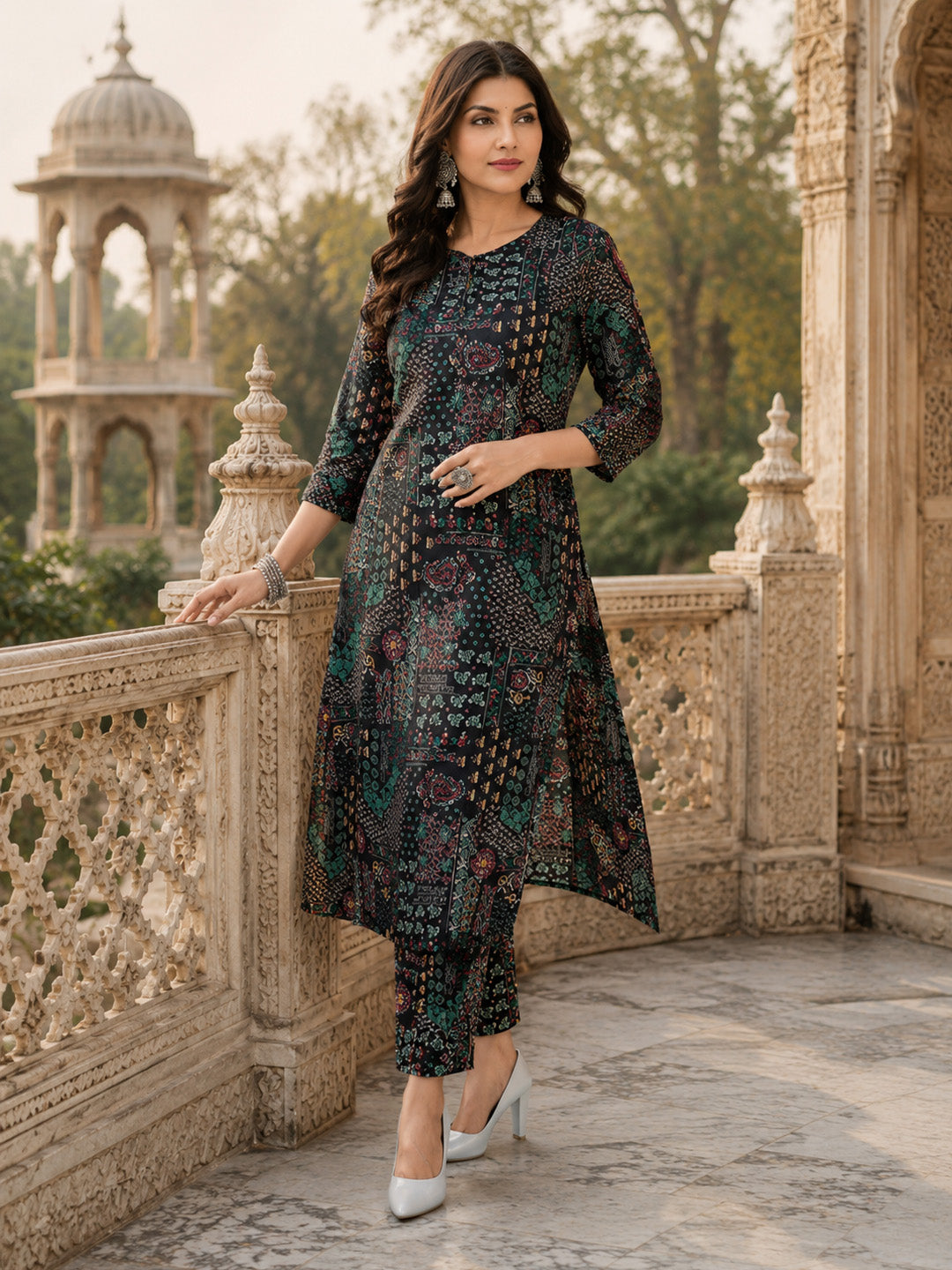 Parineeti Women Green Floral Printed Rayon A-Line Co-Ord Set with Trousers | Ank