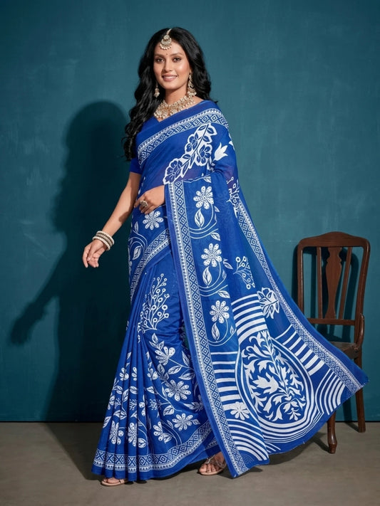 Minu fashions Printed Daily Wear Pure Cotton Saree (Dark Blue)