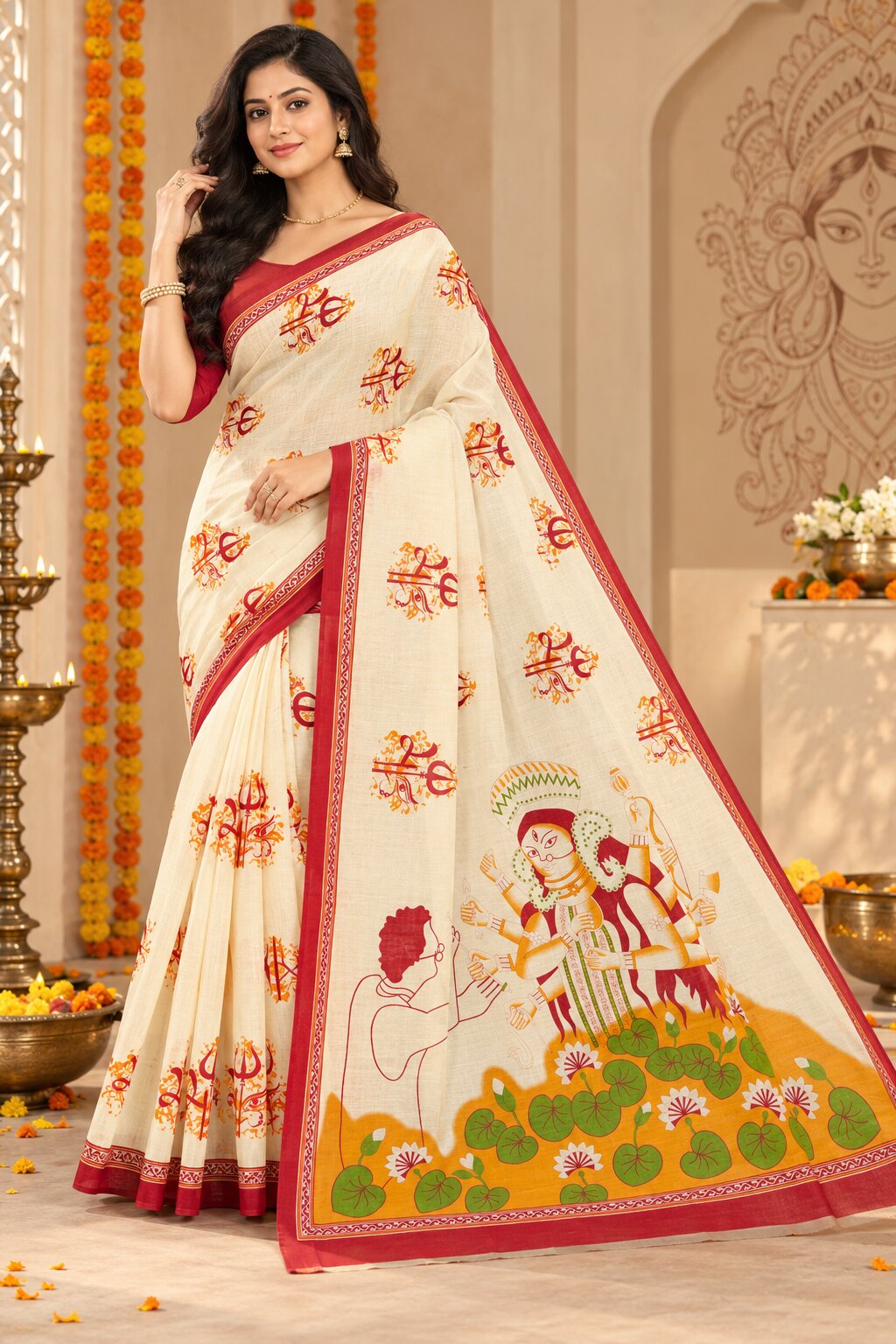 Minu | Women Durga Puja Special Saree White Malai Cotton Folk Art Printed with Red Border