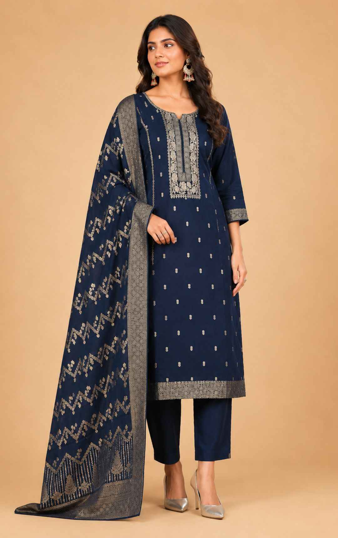 Famous Women Zari Work Chanderi Kurta Set with Salwar & Dupatta | V-Neck 3/4 Sleeves Woven Kurta | Elasticated Waist Slip-On Salwar | Ethnic Wear | Ank