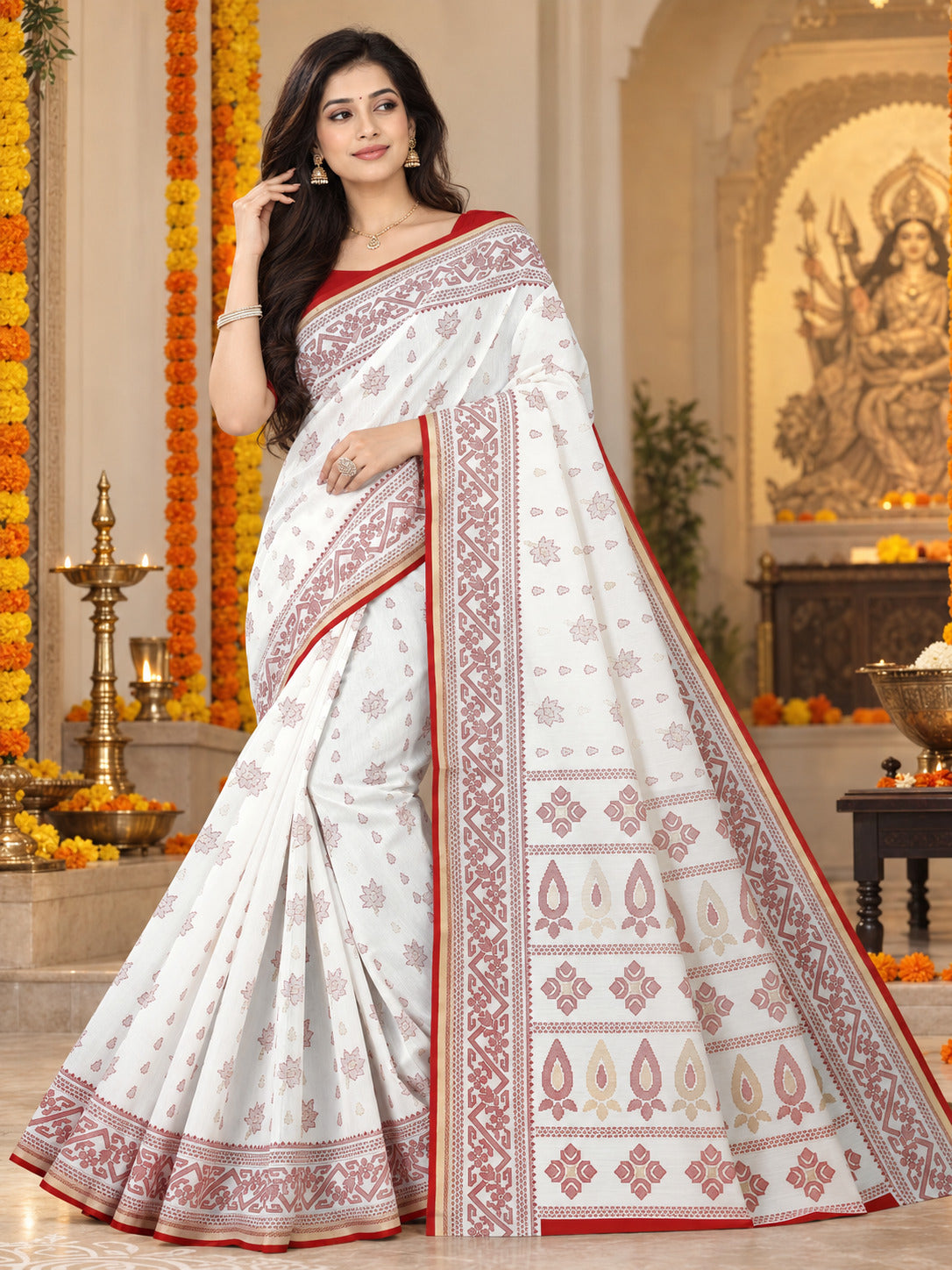 Red & White Bengali Saree for Durga Puja | Traditional Festive Saree with Printed Motifs & Border