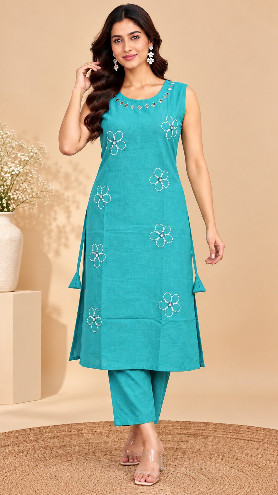 Pranika Skin Vartican Silk Straight Kurti Set with Mirror Work | Ank