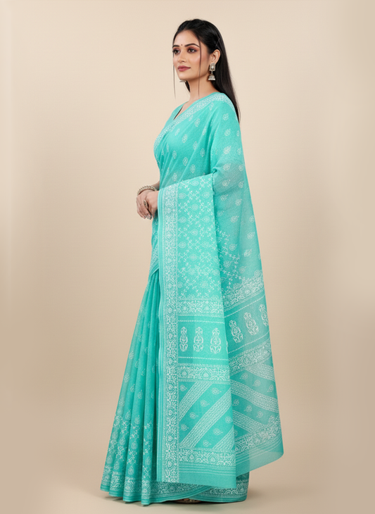 MINU SAREE PESTAL MAGIC Sea Green Cotton Printed Saree