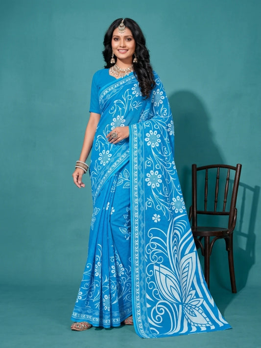 Minu fashions Printed Daily Wear Pure Cotton Saree (Blue)