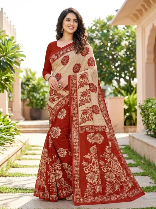 Minu fashions Printed Daily Wear Pure Cotton Saree (Red)