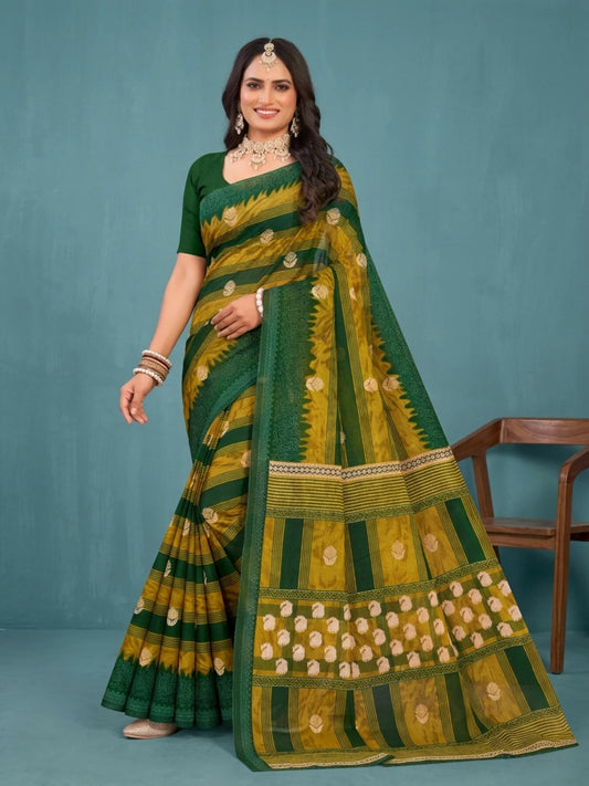 Minu fashions Printed Daily Wear Pure Cotton Saree (Green)