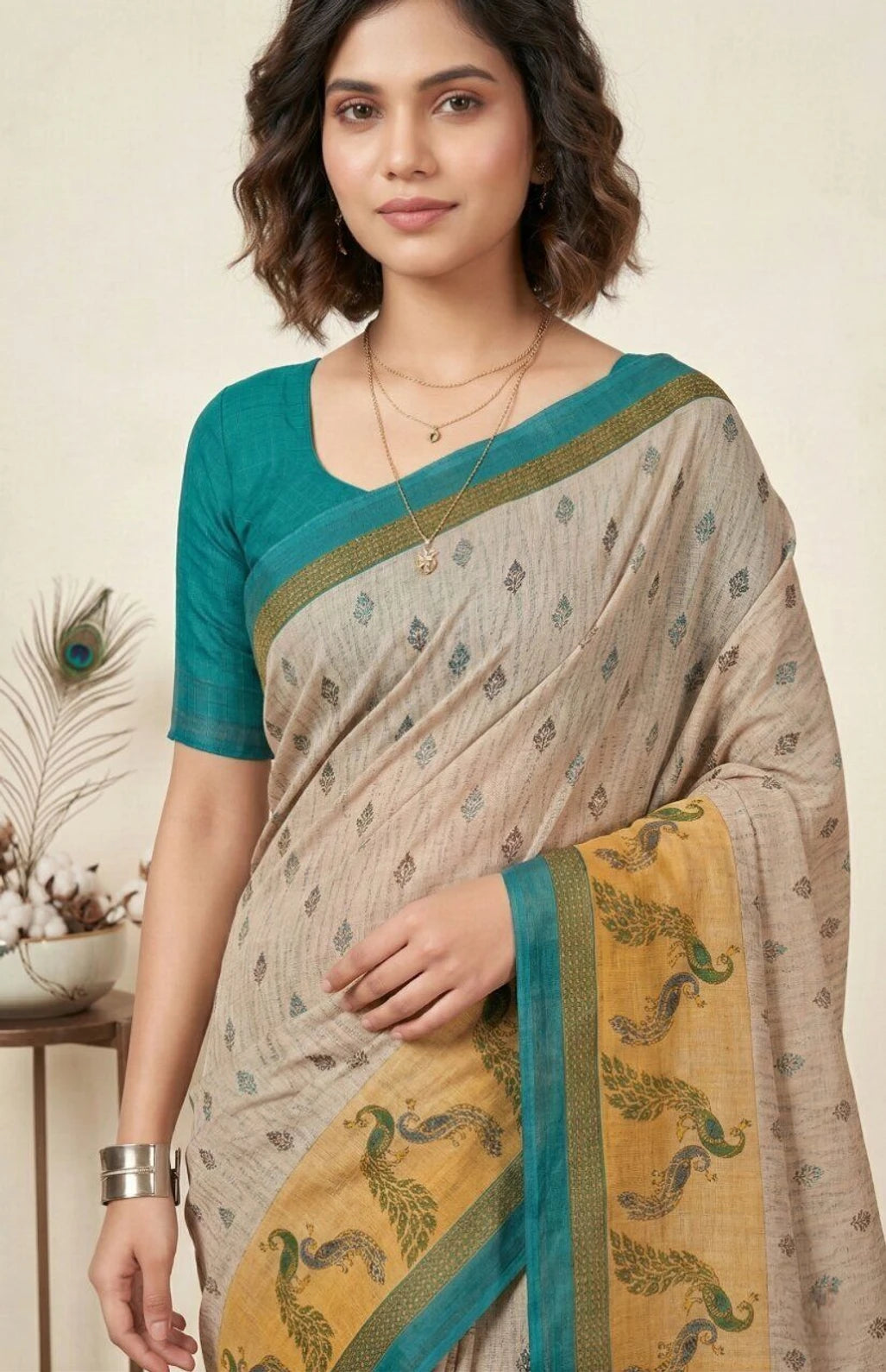Minu Fashions Jiva Beige & Teal Cotton Linen Peacock Print Saree