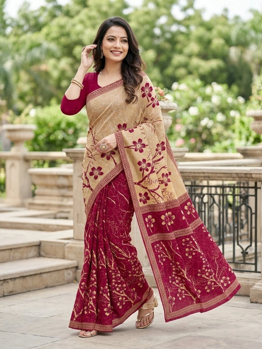 Minu fashions Printed Daily Wear Pure Cotton Saree (Pink)